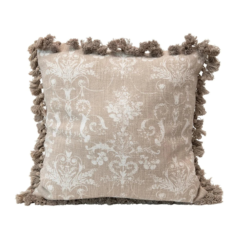 18" Square Cotton Blend Pillow w/ Damask Pattern & Tassels, Beige & Cream Color