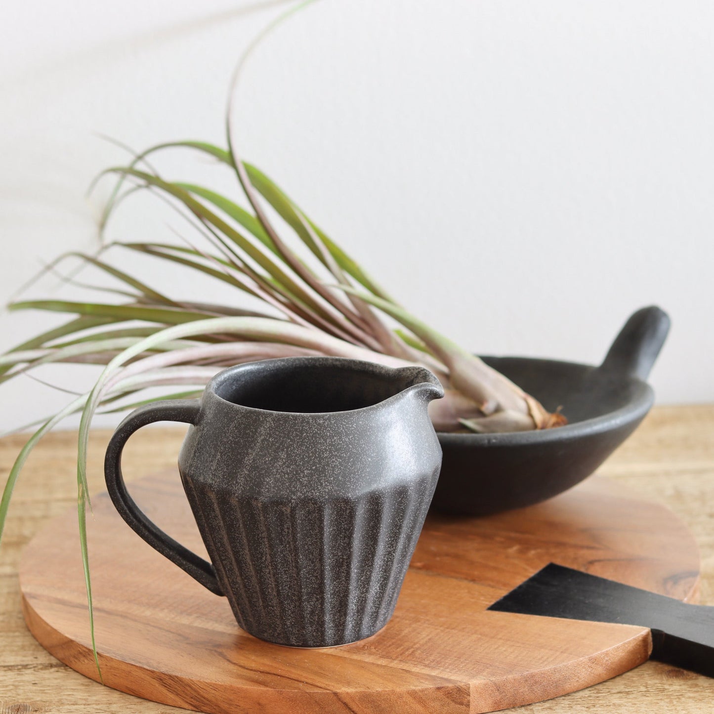 Fluted Matte Black Stoneware Pitcher