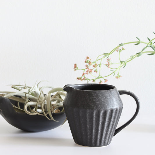 Fluted Matte Black Stoneware Pitcher