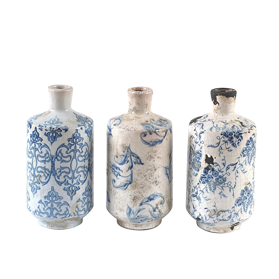 Blue & White Decorative Terracotta Vases with Heavy Distressing