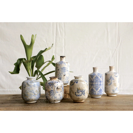 Blue & White Decorative Terracotta Vases with Heavy Distressing