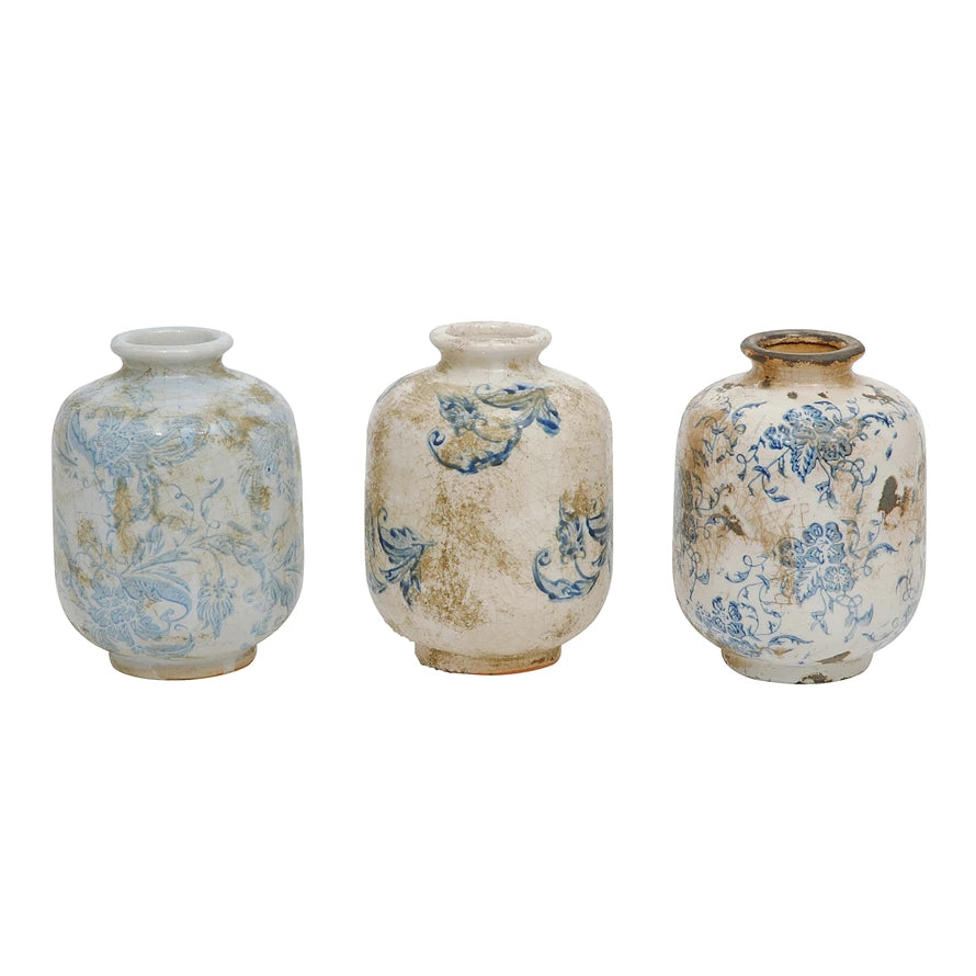 Blue & White Decorative Terracotta Vases with Heavy Distressing