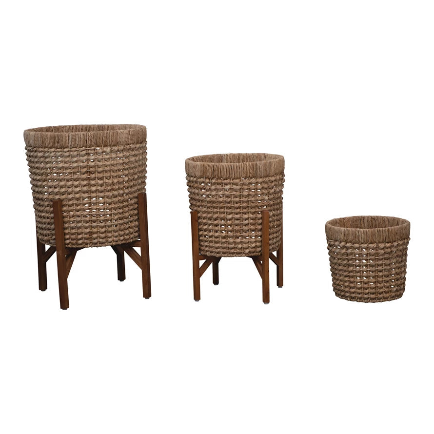 Medium Hand-Woven Planter with Wood Stand