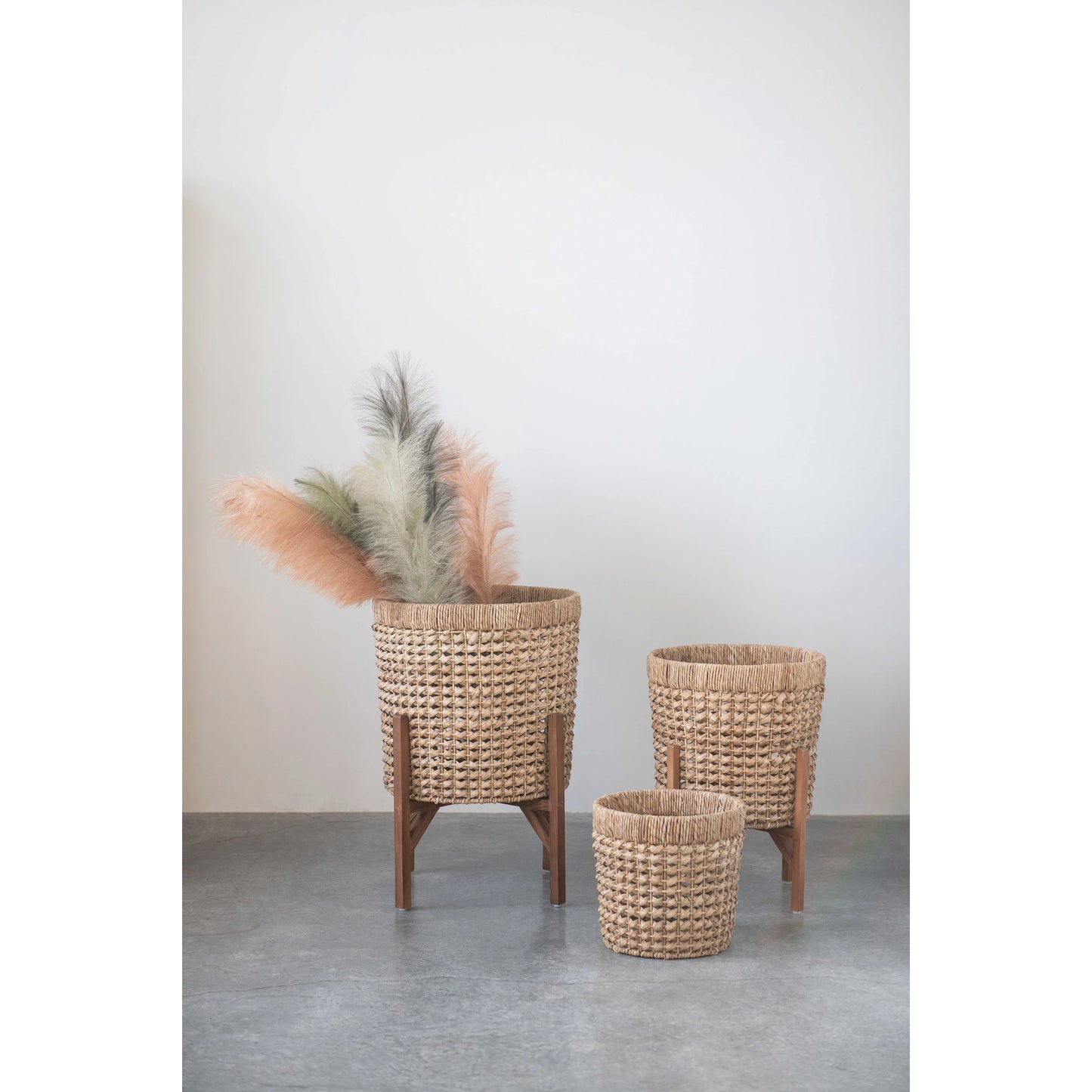 Large Hand-Woven Planter with Wood Stand