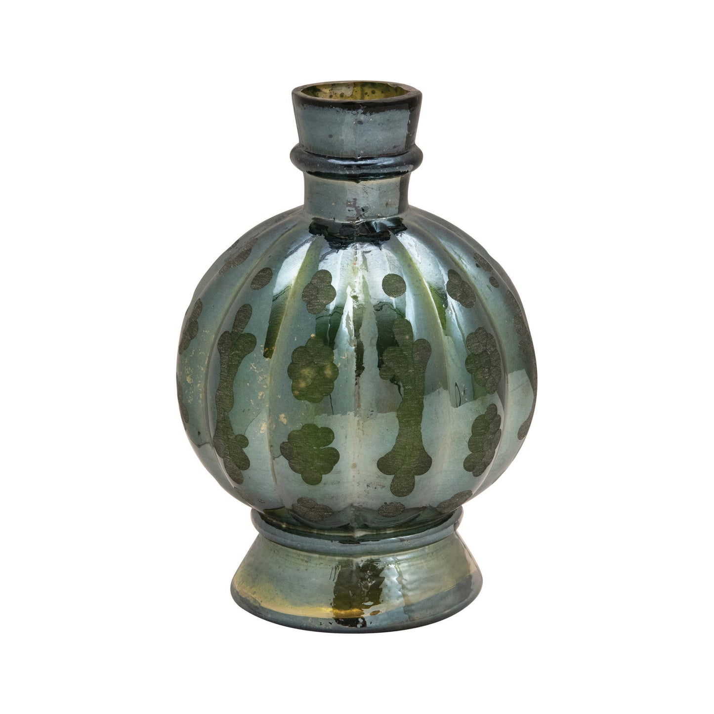 Embossed Glass Vase with Green Iridescent Finish