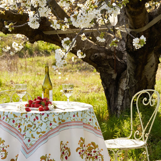 French Tablecloth Fraises des Bois Bleu, 71"x71"