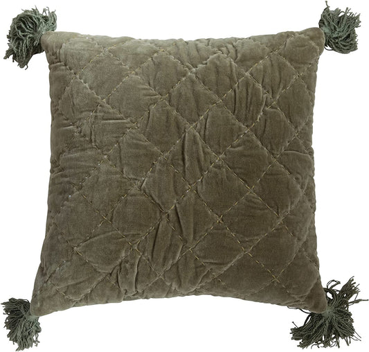 20" Square Quilted Cotton Velvet Kantha Stitch & Tassels Pillow, Green