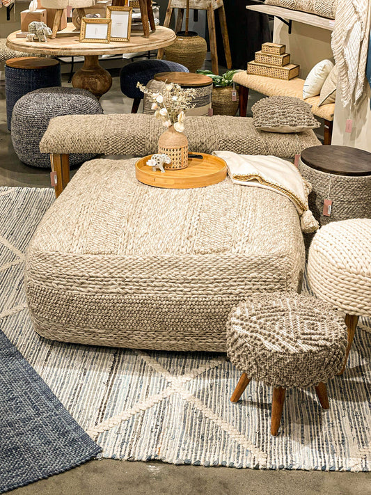 Handwoven Textured Taupe Ottoman Pouf • Local Pickup Only