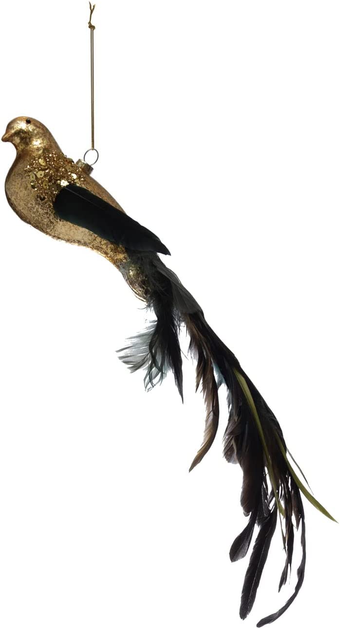 Mercury Glass Bird Ornament with Feather Tail and Glitter, Gold