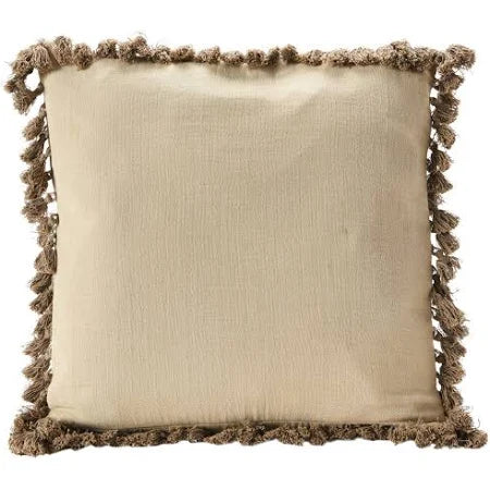 18" Square Cotton Blend Pillow w/ Damask Pattern & Tassels, Beige & Cream Color