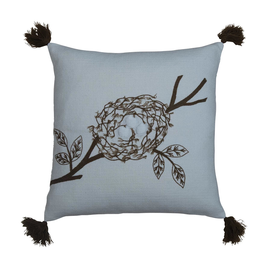 18" Cotton Embroidered Pillow with Nest & Tassels