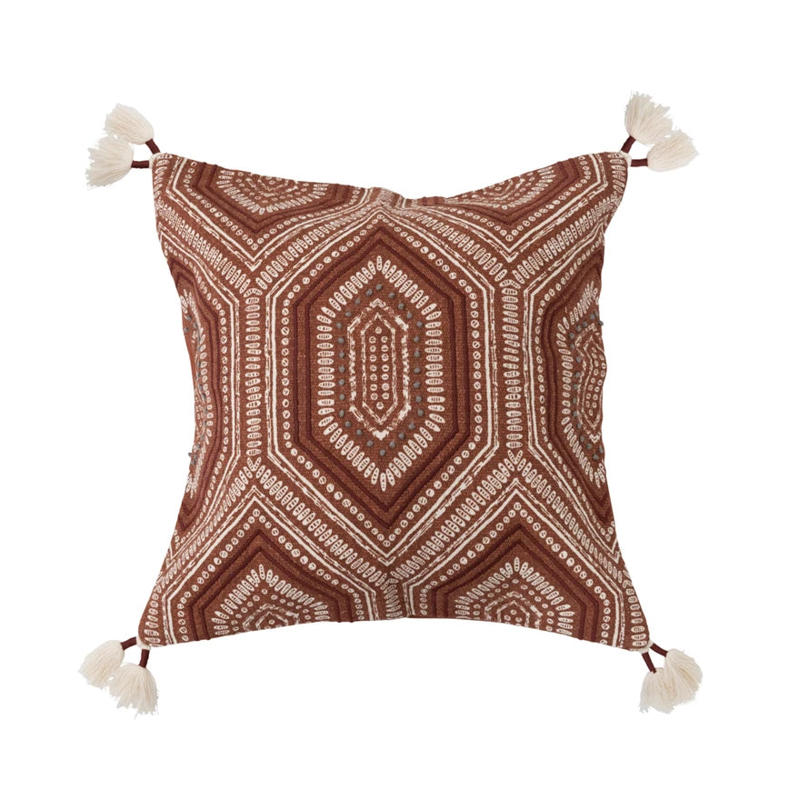 18" Cotton Printed Pillow w/ Embroidery & Tassels, Polyester Fill