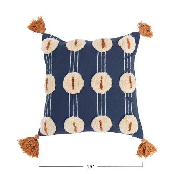 16" Square Cotton Embroidered & Tufted Pillow with Tassels